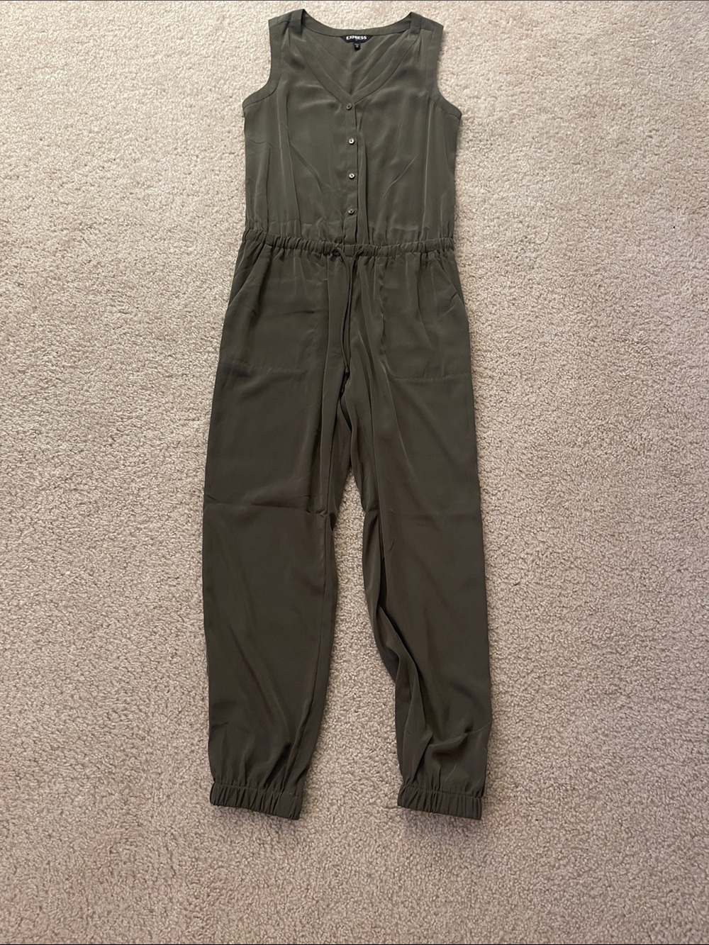 Express Olive Green Sleeveless Utility Jumpsuit with Drawstring Waist